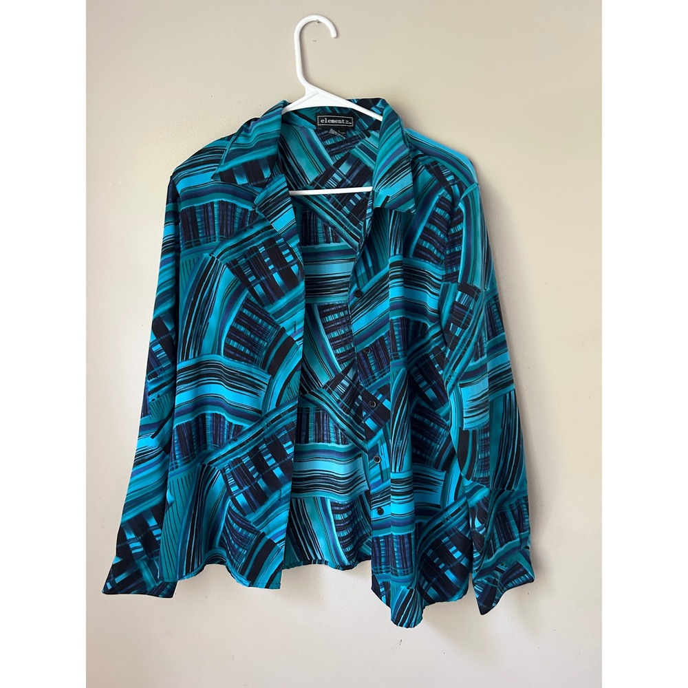 Elementz Vintage Teal‎ Blue Print Long Sleeve Button Up Blouse Top Indie Sleeze